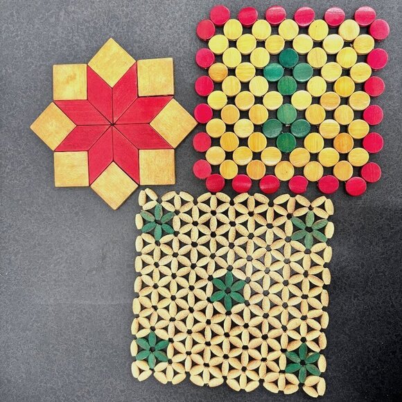 Wooden Trivets Hot Pads Retro Stretchy Star/Square Colorful VTG Set of 3 MCM - Picture 1 of 11